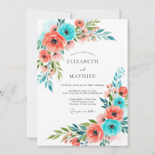 Invitación Boda floral caprichosa coral turquesa