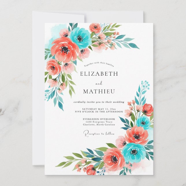 Invitación Boda floral caprichosa coral turquesa (Anverso)