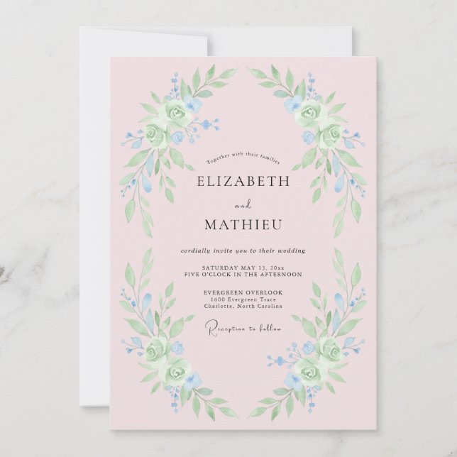 Invitación Boda floral caprichosa de azul claro (Anverso)