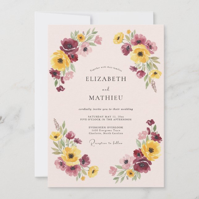 Invitación Boda floral caprichosa de Borgoña (Anverso)