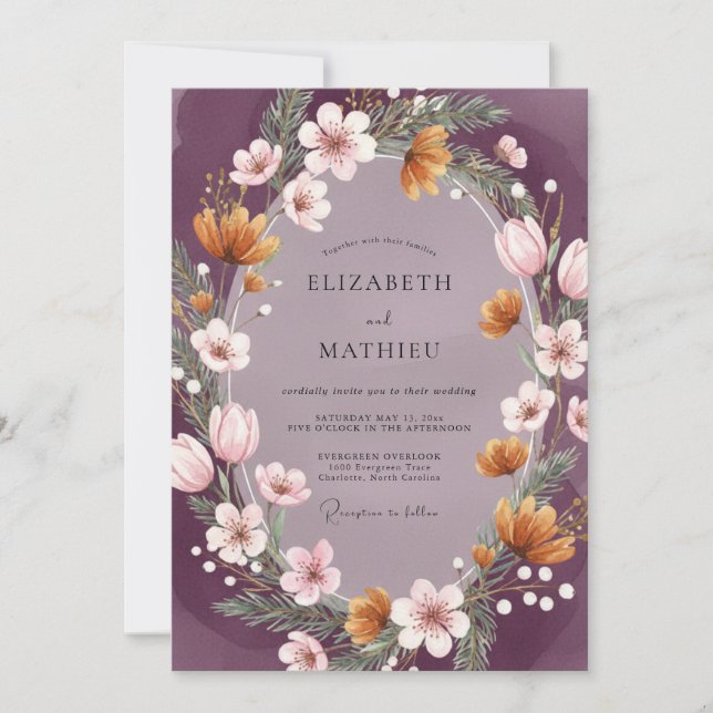 Invitación Boda floral caprichosa de ciruela (Anverso)