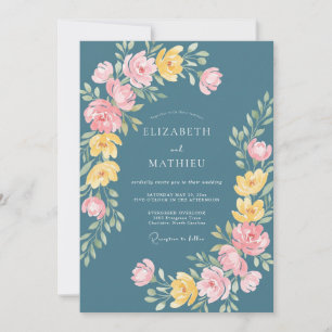 Invitación Boda floral caprichosa de color azul turquesa