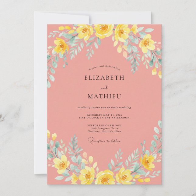 Invitación Boda floral caprichosa de coral (Anverso)