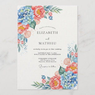 Invitación Boda Floral Caprichosa de Coral Azul