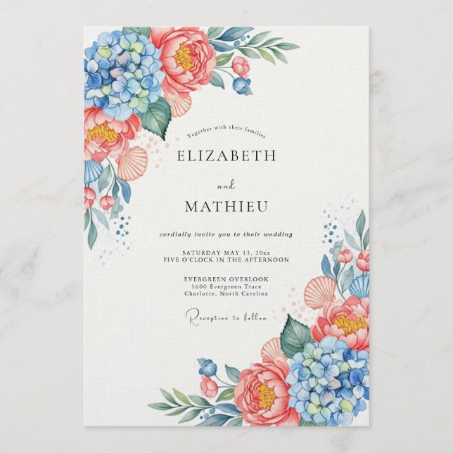 Invitación Boda Floral Caprichosa de Coral Azul (Anverso)