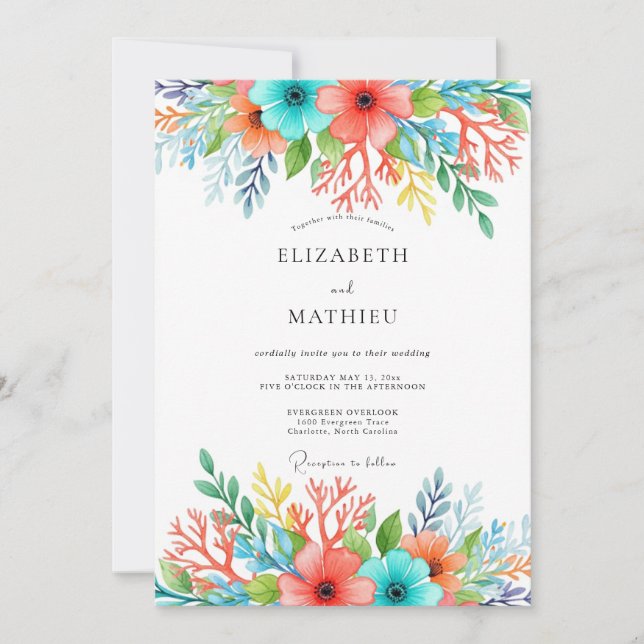 Invitación Boda floral caprichosa de coral teal (Anverso)