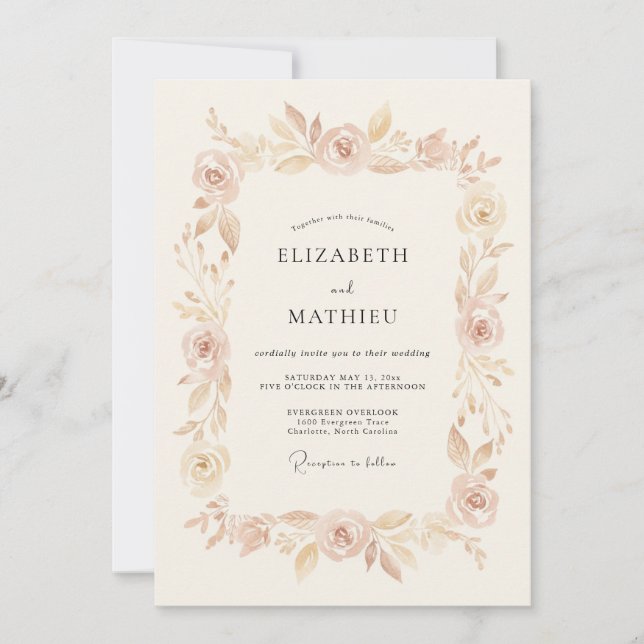 Invitación Boda Floral Caprichosa de Melocotón Rosado (Anverso)