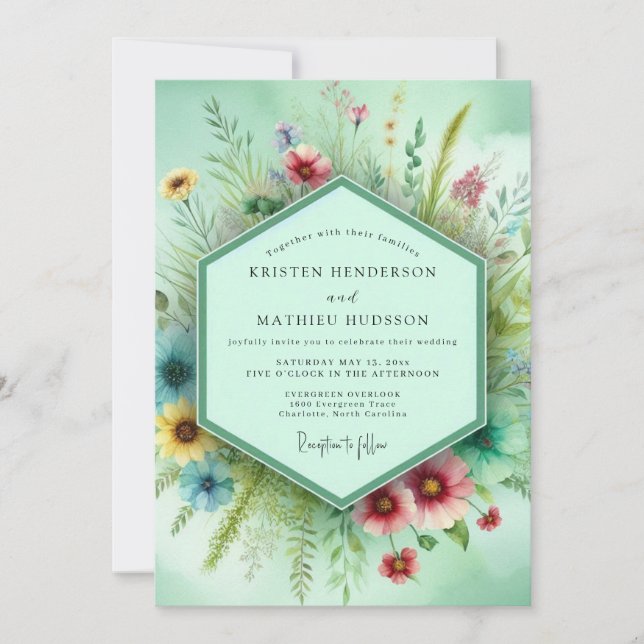 Invitación Boda Floral Caprichosa de Menta (Anverso)