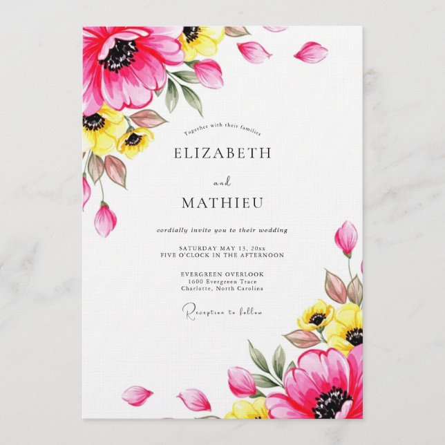 Invitación Boda floral caprichosa fucsia (Anverso)