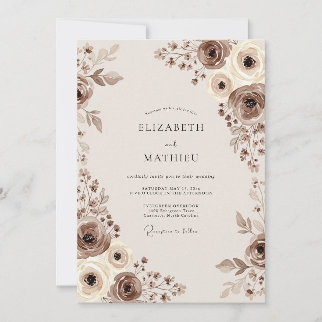 Invitación Boda Floral Caprichosa Marrón (Anverso)
