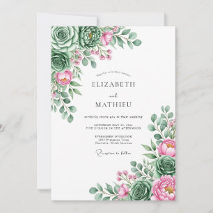 Invitación Boda Floral Caprichosa Verde Salvia