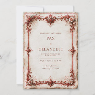 Invitación Boda Floral Carmesí con Bordes Desiguales