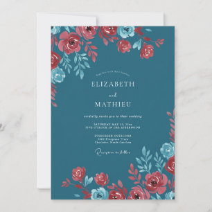 Invitación Boda Floral Carmesí Verdeazul con Florituras