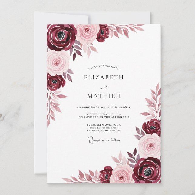 Invitación Boda floral cautivadora de Borgoña (Anverso)