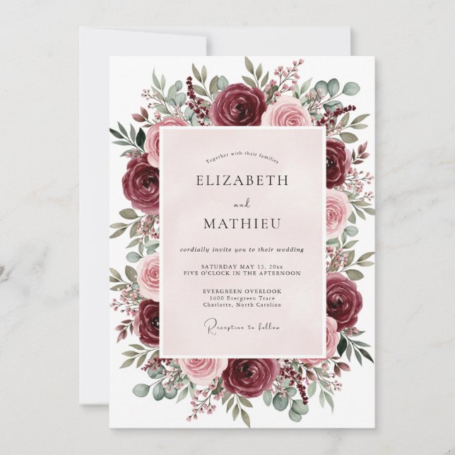 Invitación Boda floral cautivadora de Borgoña (Anverso)