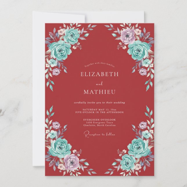Invitación Boda floral cautivadora de rojo carmesí (Anverso)