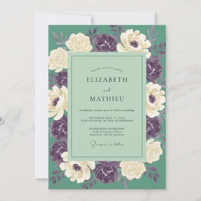 Invitación Boda floral cautivadora de verde salvia (Anverso)