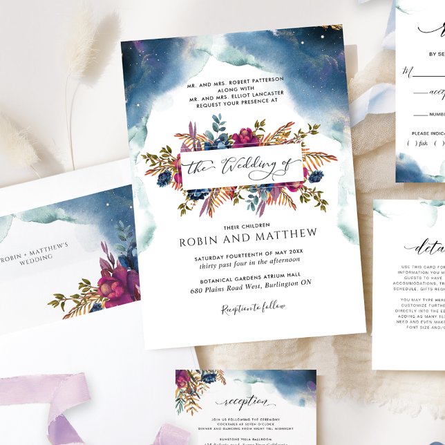 Invitación Boda floral celeste azul, Verde azulado y púrpura  (Subido por el creador)