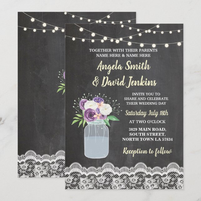 Invitación Boda floral Chalk Lace Floral Jar Lights Invitan (Anverso / Reverso)
