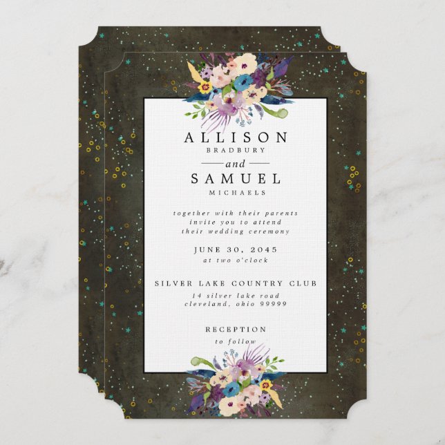 Invitación Boda floral Chalkboard Gold Silver Stars (Anverso / Reverso)