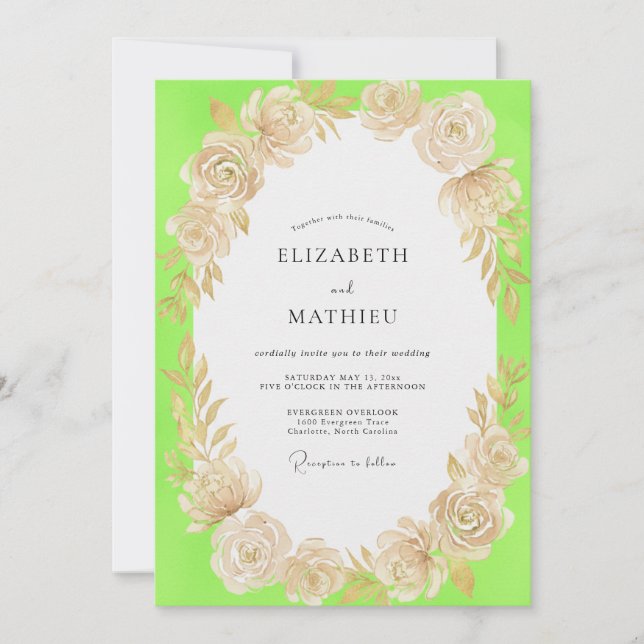 Invitación Boda floral champán chartreuse (Anverso)