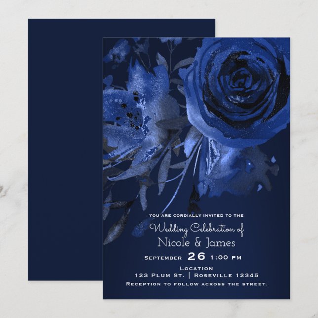 Invitación Boda Floral Chic de Invierno Rosa Azul Audaz (Anverso / Reverso)