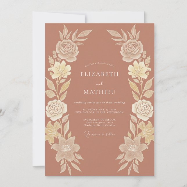 Invitación Boda floral chic de terracota (Anverso)