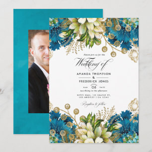 Invitación Boda Floral Chic Turquesa y Dorado Vintage