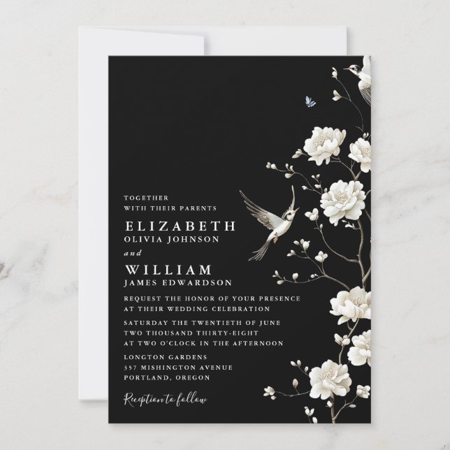 Invitación Boda Floral Chinoiserie Blanco y Negro (Anverso)