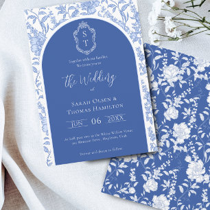 Invitación Boda Floral Chinoiserie Monograma Azul Delft