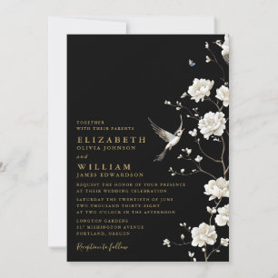 Invitación Boda Floral Chinoiserie Oro Negro Todo en Uno