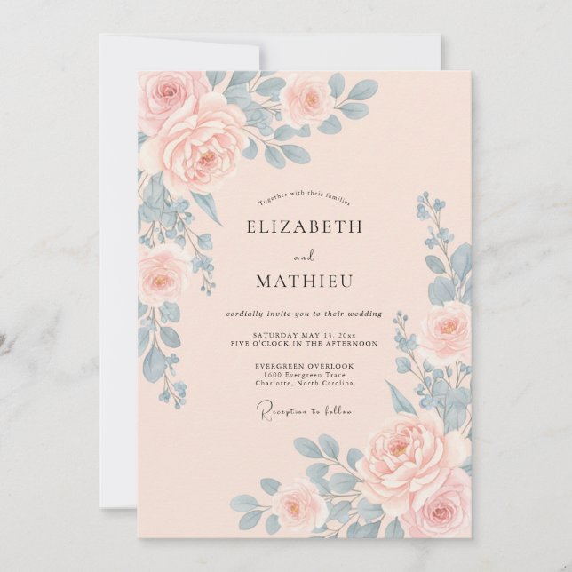 Invitación Boda Floral Cielo Rosado (Anverso)