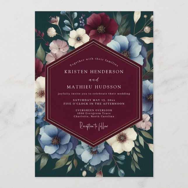 Invitación Boda floral claret Moody (Anverso)