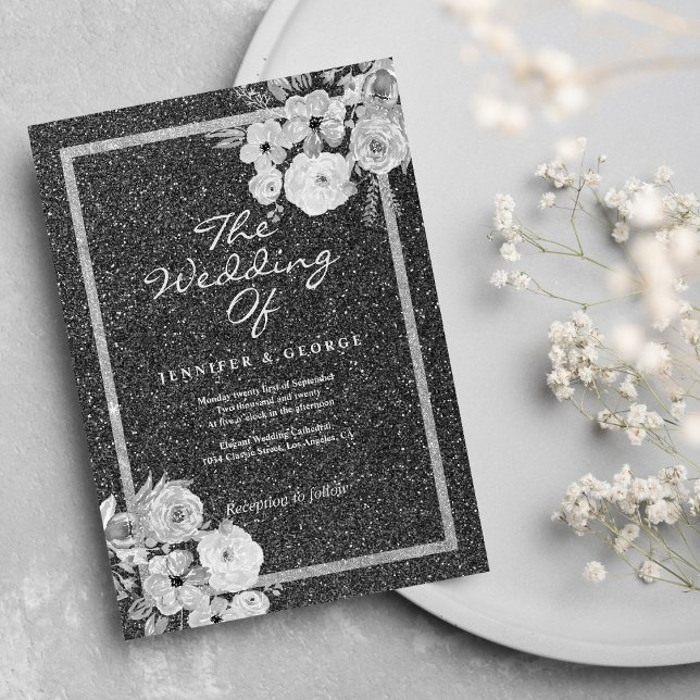 Invitación Boda floral clásica de negro blanco plata brillo (Classic black white silver glitter floral wedding)