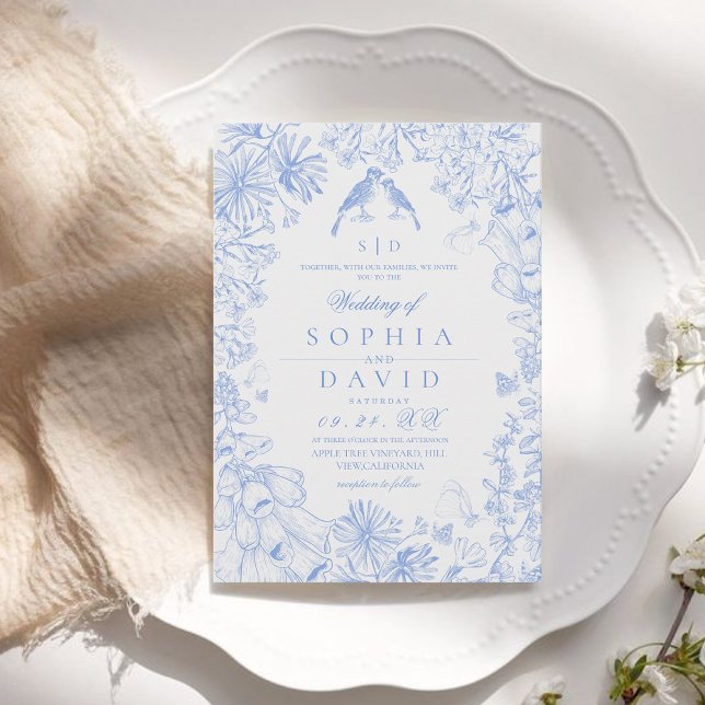 Invitación Boda floral clásica francesa azul blanco (Subido por el creador)