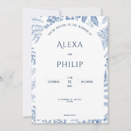 Invitación Boda floral clásico-azul blanco