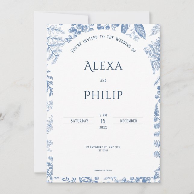 Invitación Boda floral clásico-azul blanco (Anverso)