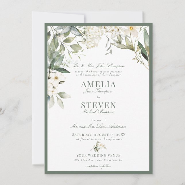 Invitación Boda Floral Clásico de Verdor Blanco (Anverso)