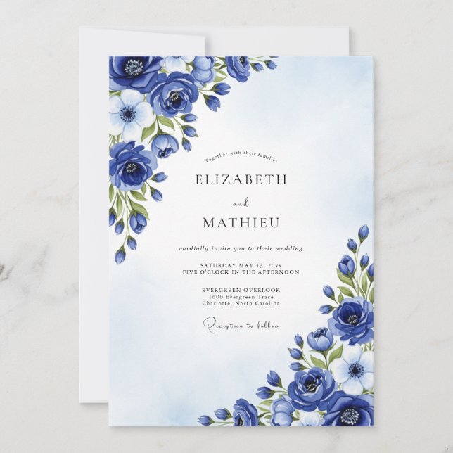Invitación Boda Floral Cobalt Pintada (Anverso)