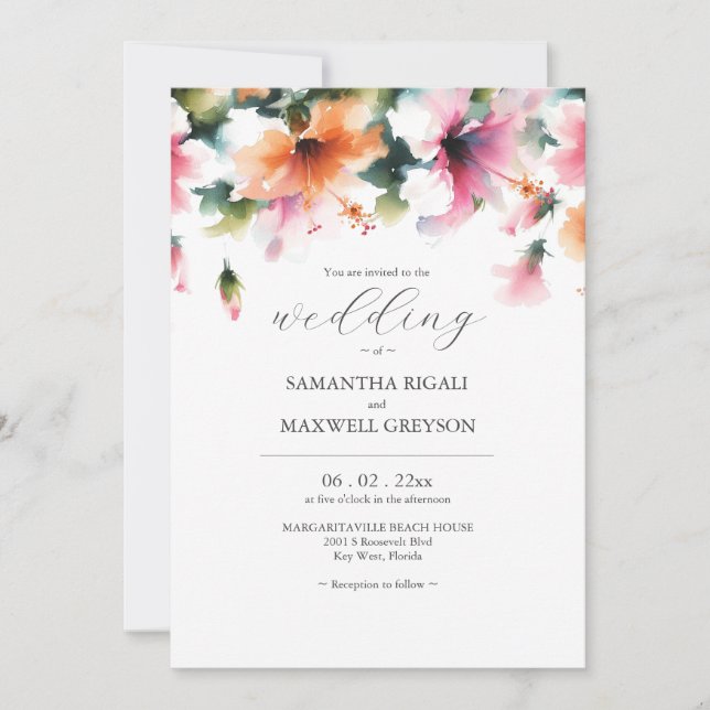 Invitación Boda floral color agua rosa y Naranja (Anverso)