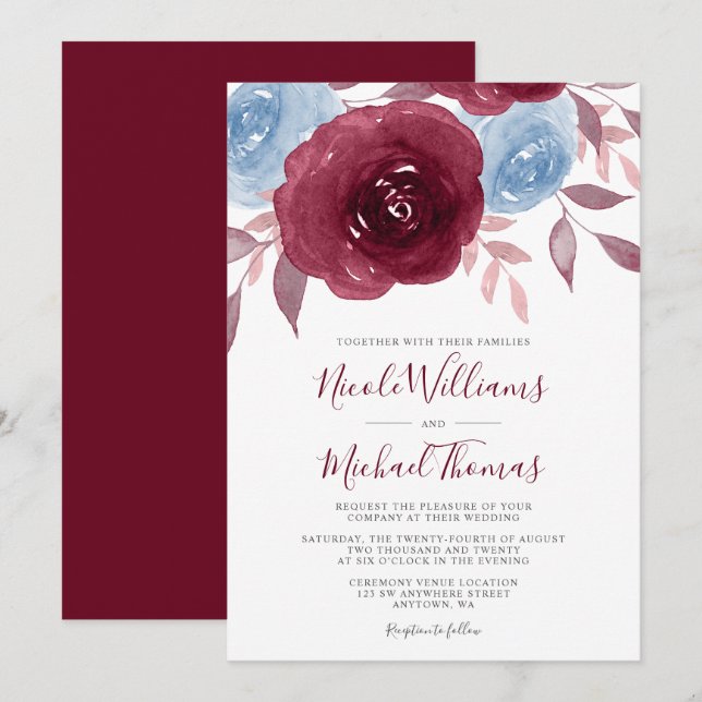Invitación Boda floral color azul burdeos (Anverso / Reverso)