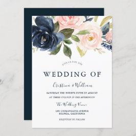 Invitación Boda floral color de agua rosa azul marino Rubor