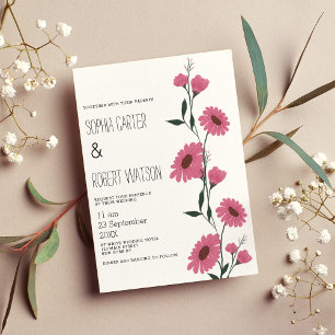 Invitación Boda floral color de agua rosa verde oscuro