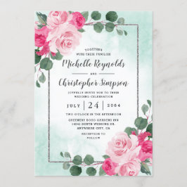 Invitación Boda floral color de agua verde y plateado rosa