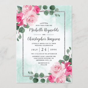 Invitación Boda floral color de agua verde y plateado rosa