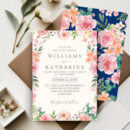Invitación Boda floral color rosa y melena azul de la marina