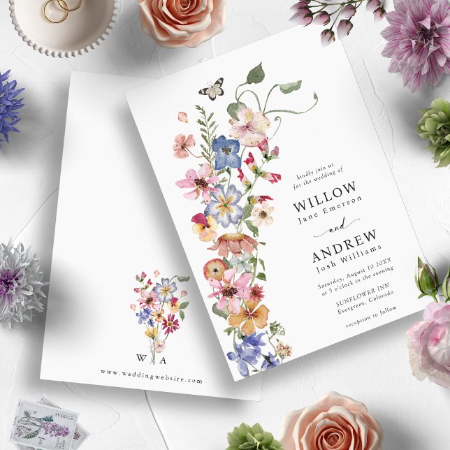 Invitación Boda Floral Colorida (Watercolor Colorful Wildflower Wedding Invitation by Painted Paperie)