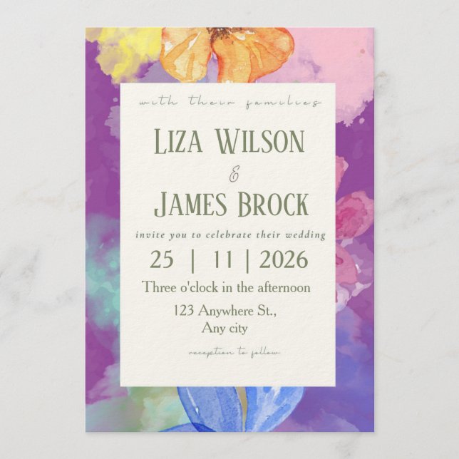 Invitación Boda floral colorida elegante (Anverso)