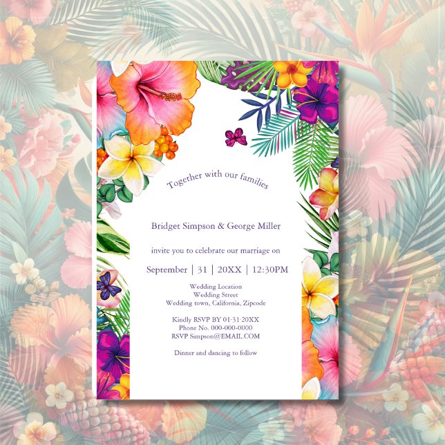 Invitación Boda floral colorido de hawaiana tropical (Subido por el creador)