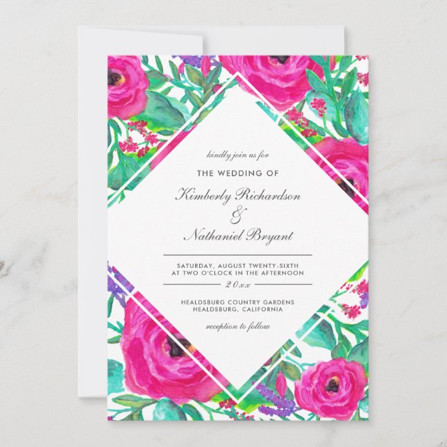 Invitación Boda floral colorido Fuchsia Watercolor (Anverso)
